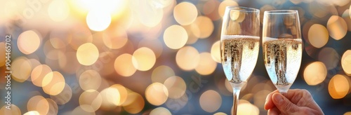 Toasting With Champagne Glasses Against a Glittering Sunset Background