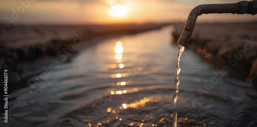 Water Flowing From Tap At Sunset Over Dry Riverbed