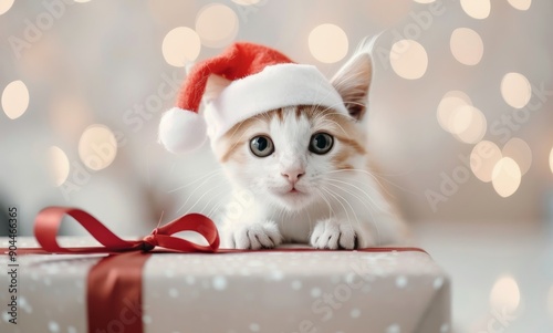 Playful Kitten Wearing Santa Hat Sitting on Christmas Gift in Cozy Living Room