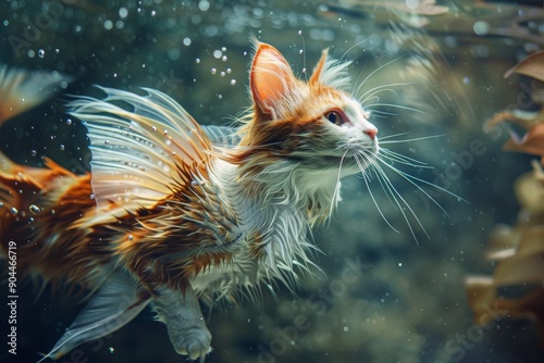 An artistic digital illustration portraying a cat impressively swimming in an underwater scene, with vivid details of marine plants and flowing water, offering a whimsical fantasy view.