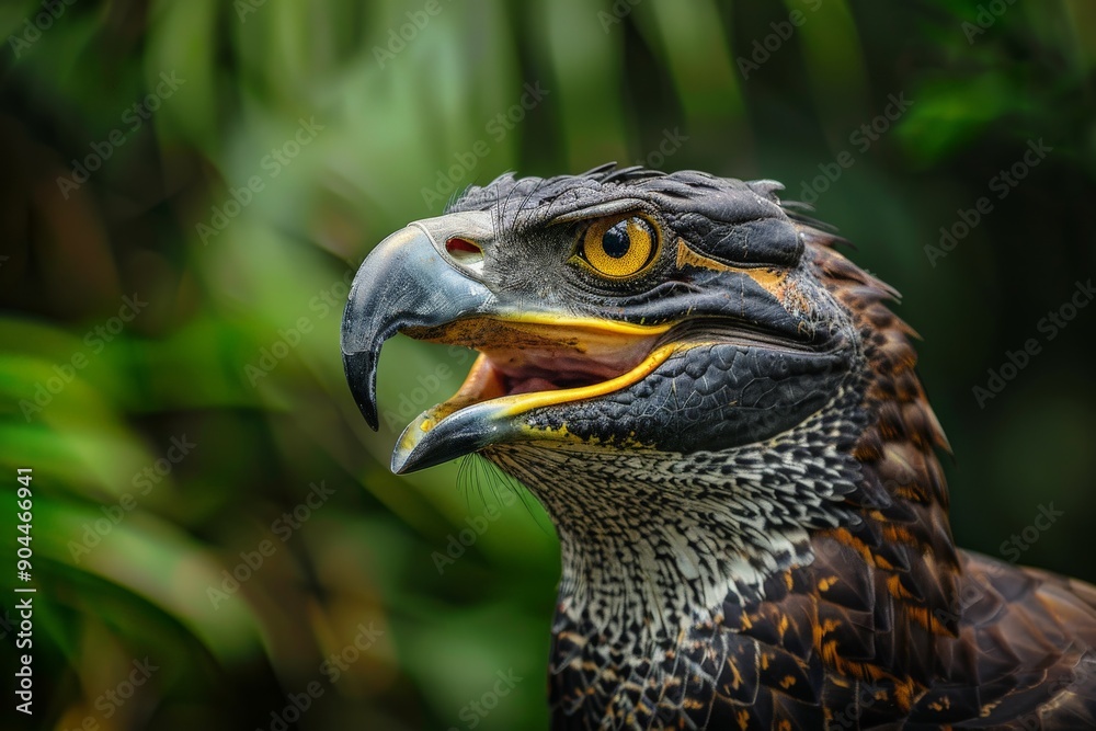 An exotic bird-reptile hybrid creature with its beak open, showcasing sharp features and scaled skin, surrounded by lush foliage, merging avian and reptilian characteristics. An exotic bird-reptile hybrid creature with its beak open, showcasing sharp features and scaled skin, surrounded by lush foliage, merging avian and reptilian characteristics.