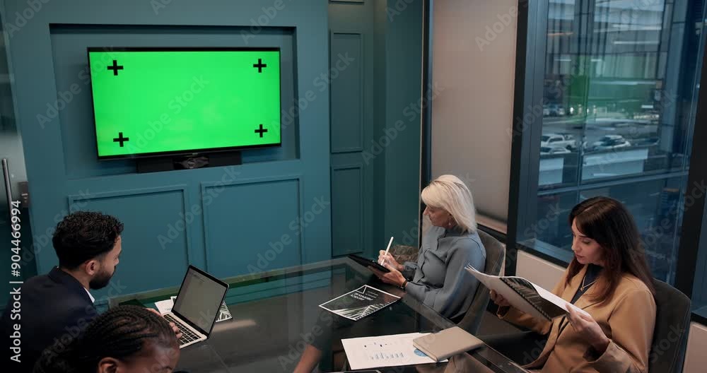 Business, team or green screen in office for conference, information or workshop. Virtual meeting, monitor or finance department in boardroom for webinar, presentation or report on chroma key display