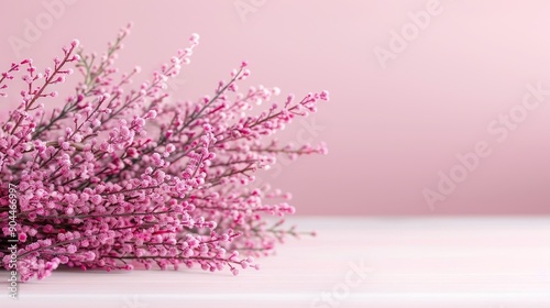  A close-up of pink flowers on a white table with a pink background