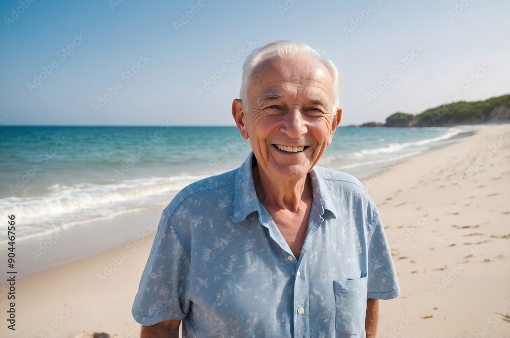 An old man, a pensioner, is on the beach in summer on vacation.