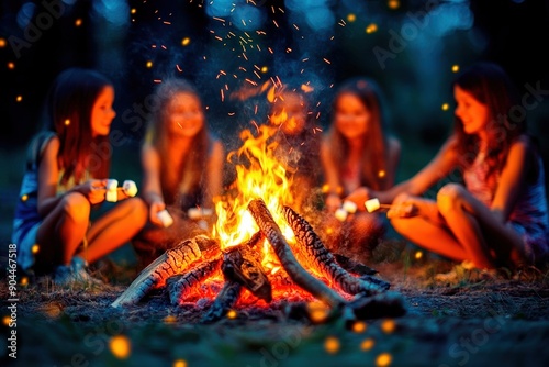 Children Roasting Marshmallows at Campfire
