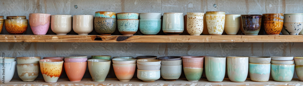 Fototapeta premium A shelf full of colorful mugs, including yellow, orange, blue, and green. The mugs are arranged in a way that makes it easy to see the variety of colors and designs. Concept of abundance and variety