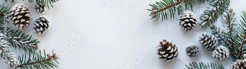 Snowy Pine Cones and Evergreen Branches on a White Background