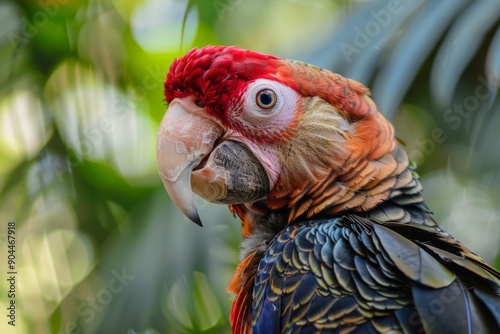 A vibrant parrot with a striking combination of red and green plumage, captured in a side view against a blurred background. The bird's intricate feather details are in focus. photo