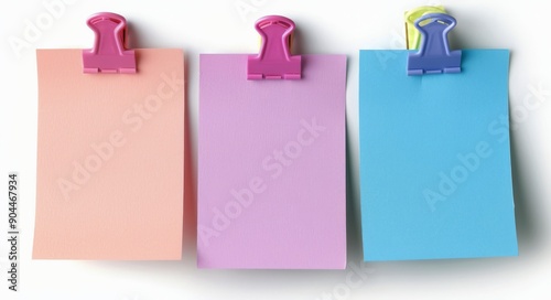 Colorful Sticky Notes Organized With Clips on a White Background