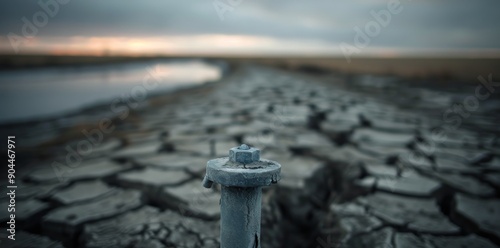 Drought-Affected Landscape With Water Tap at Sunset Near a Dry Riverbed