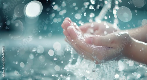 Hands Catching Water Droplets in a Refreshing Outdoor Setting on a Sunny Day