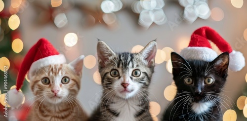 Three Kittens in Santa Hats Relaxing by a Christmas Tree With Twinkling Lights