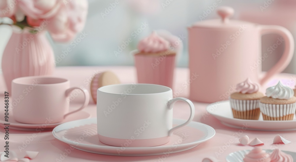 Delicious Pink Cupcakes With Frosting and Tea on a Soft Pink Table Delicious Pink Cupcakes With Frosting and Tea on a Soft Pink Table