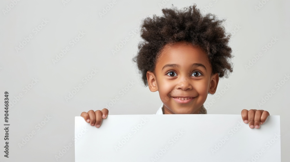A young boy stands against a neutral background, smiling and holding a blank sheet. Perfect for advertising purposes or educational content. A young boy stands against a neutral background, smiling and holding a blank sheet. Perfect for advertising purposes or educational content.