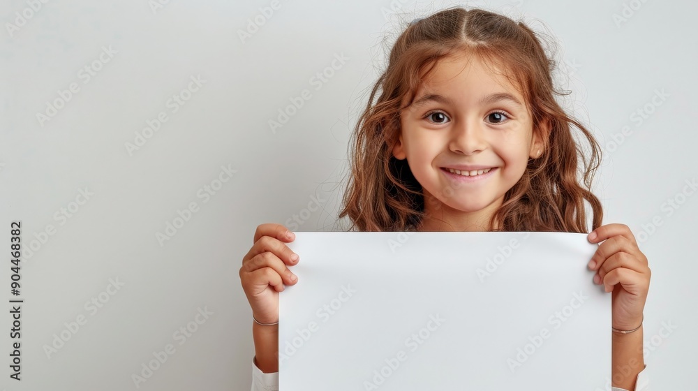 A smiling girl with brown hair standing against a plain background holding an empty white sheet of paper in front of her, presents a cheerful and inviting expression. A smiling girl with brown hair standing against a plain background holding an empty white sheet of paper in front of her, presents a cheerful and inviting expression.