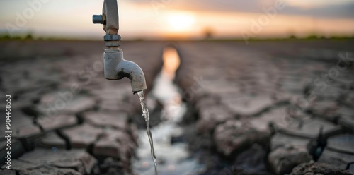 Drought-Affected Landscape With Water Tap at Sunset Near a Dry Riverbed