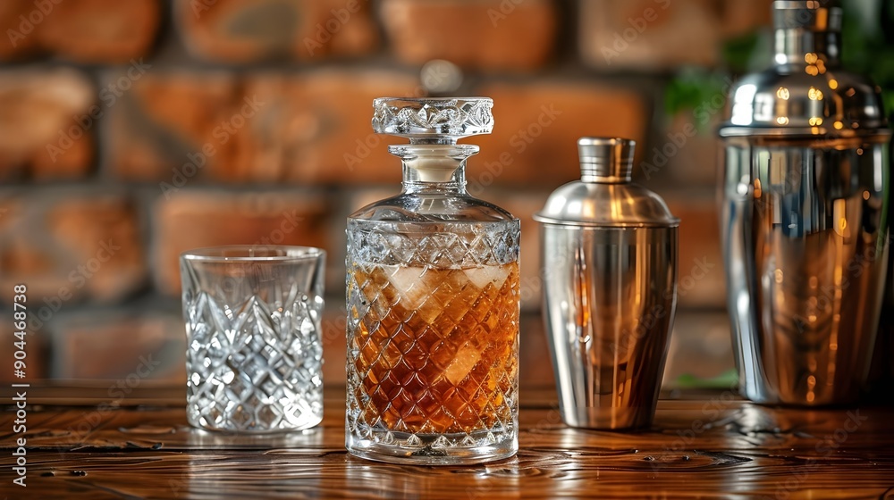 A glass of liquor is poured into a crystal decanter on a wooden table A glass of liquor is poured into a crystal decanter on a wooden table