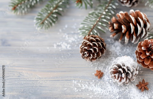 Snow-Dusted Pine Cones on Wooden Surface During Winter Evening