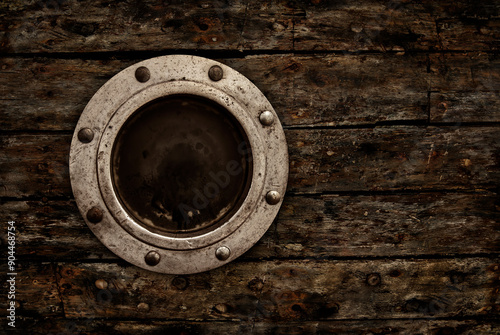 Close-up of an Old Rusty Porthole Window on Old Wooden Boat Hull Texture Background with Knots