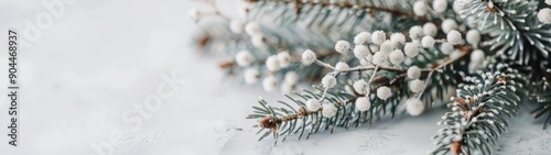 Snow-Covered Pine Branches With Pinecones and Soft Bokeh Background in Winter...