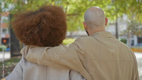 Interracial couple embracing in an urban park setting with foliage background photo