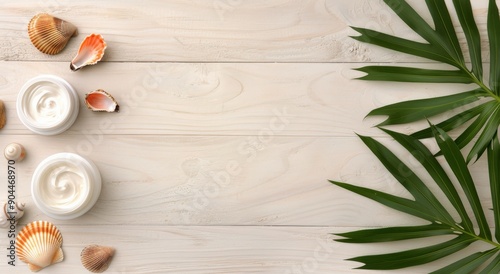 Tropical Spa Essentials With Creams and Seashells on Light Wooden Surface