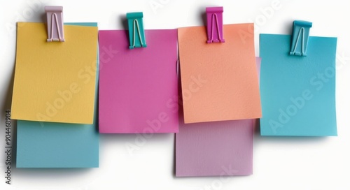 Colorful Sticky Notes Organized With Clips on a White Background