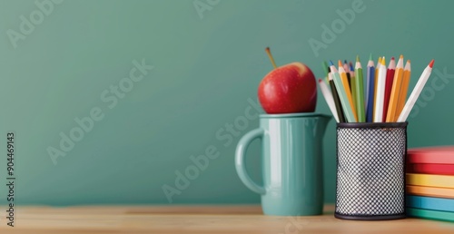 Red Apple on Stack of Notebooks With Colorful Pencils in Container Against a ...