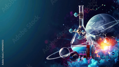 Flasks, beakers, test tubes, molecules, globe on a blue background. Laboratory equipment. World Science Day for Peace and Development. Horizontal banner. Free space for text. World youth skills day