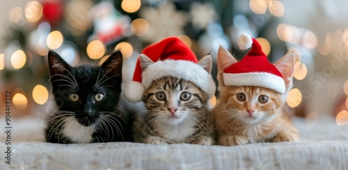 Three Kittens in Santa Hats Relaxing by a Christmas Tree With Twinkling Lights