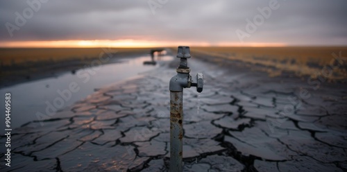 Drought-Affected Landscape With Water Tap at Sunset Near a Dry Riverbed