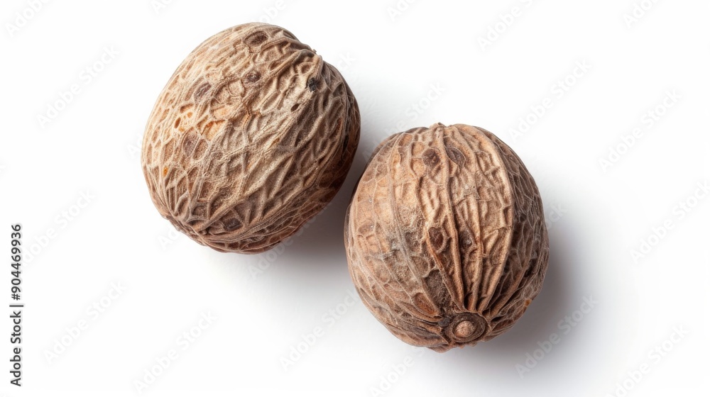 This image displays a close-up view of two whole nutmegs with a textured brown shell, placed on a white background, highlighting their natural pattern. This image displays a close-up view of two whole nutmegs with a textured brown shell, placed on a white background, highlighting their natural pattern.