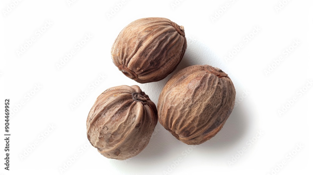 This image shows three whole nutmeg seeds lying on a simple white background, featuring the intricate textures and natural patterns of their brown shells. This image shows three whole nutmeg seeds lying on a simple white background, featuring the intricate textures and natural patterns of their brown shells.