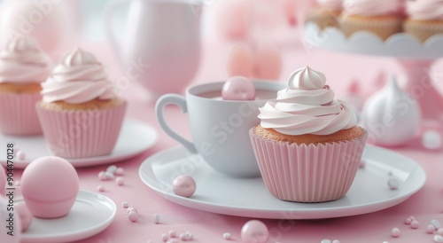 Delicious Pink Cupcakes With Frosting and Tea on a Soft Pink Table