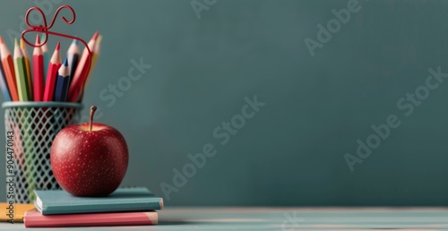 Red Apple on Stack of Notebooks With Colorful Pencils in Container Against a ...