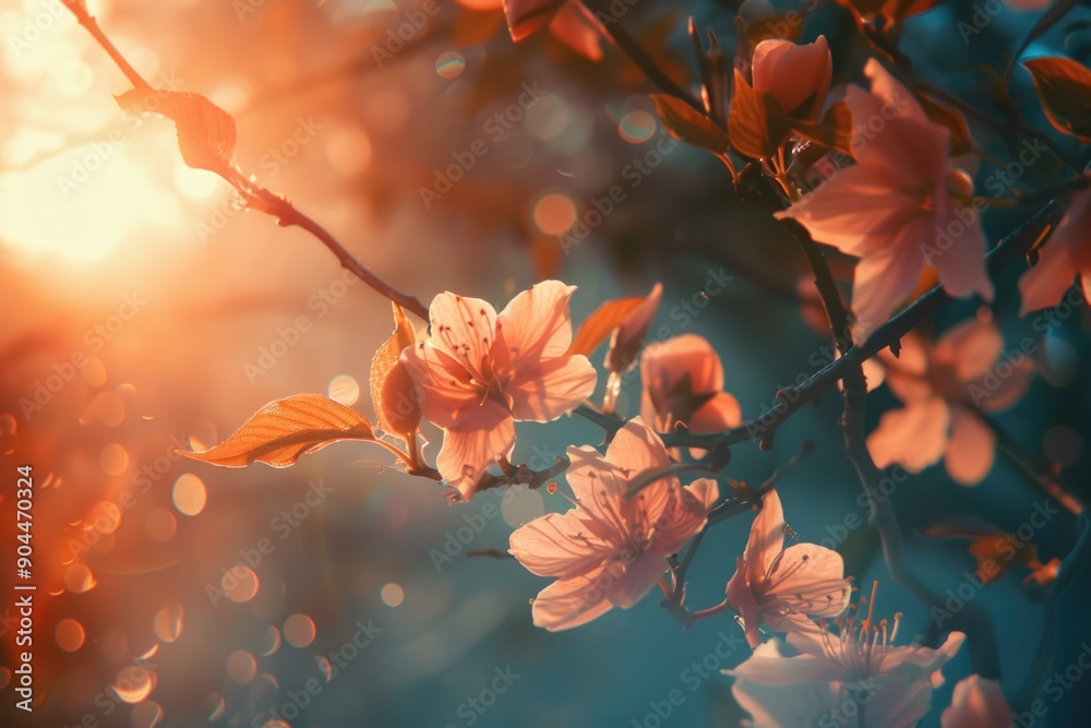 A close-up view of a tree branch adorned with colorful flowers A close-up view of a tree branch adorned with colorful flowers