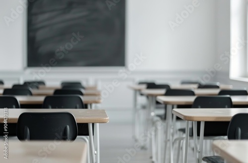 Empty Classroom With Wooden Desks and Chalkboard in Bright Daylight