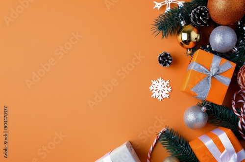 Orange Christmas Decor With Gifts and Ornaments on Bright Background