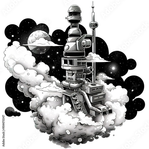 The futuristic station explores a cosmic dust cloud., Sticker, Adorable, Monochrome, Yugioh Design, Contour, , White Background, Detailed  photo