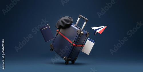 3D cartoon minimalist France themed rendering with dark blue wheeled suitcase, paper plane, beret, passport and boarding pass. International vacation travel and tourism concept.