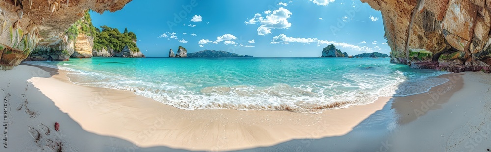 A beautiful beach with a clear blue ocean and a rocky shore. A beautiful beach with a clear blue ocean and a rocky shore.