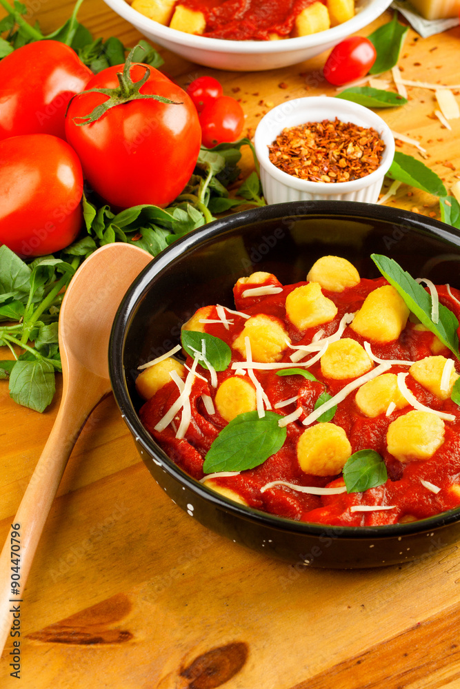 Gnocchi with tomato sauce, basil, cheese. italian dish, homemade food, pasta. Gnocchi with tomato sauce, basil, cheese. italian dish, homemade food, pasta.