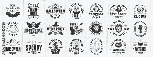 Vintage Halloween logo set. Halloween related emblems set. Halloween signs set for poster, emblem, party invitation designs. Print for t-shirt, tee. Vector illustration