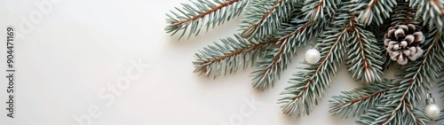 Snow-Covered Pine Branches With Pinecones and Soft Bokeh Background in Winter...