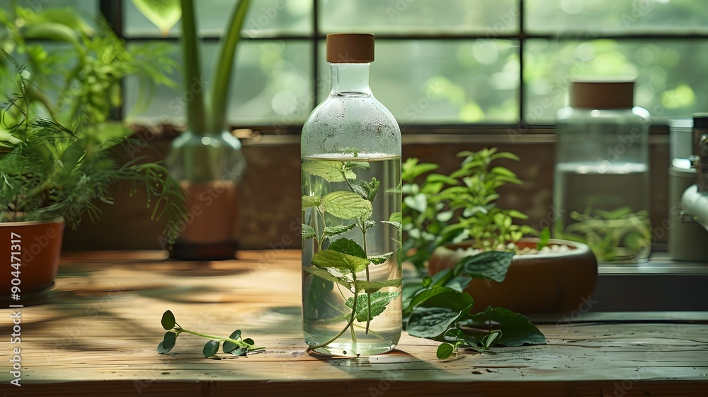 A bottle of water with green leaves floating in it sits on a wooden table A bottle of water with green leaves floating in it sits on a wooden table