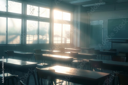 Sunlight Streaming Through Windows in Empty Classroom During Afternoon