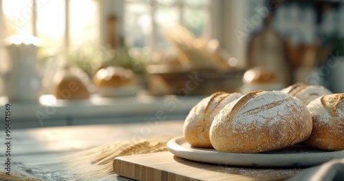 Freshly Baked Bread Rolls on a Wooden Board in a Sunlit Kitchen
