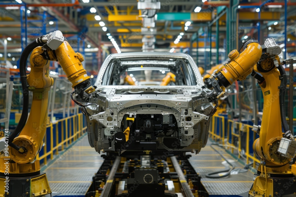 A robot at a car factory welds a car frame. Robotic assembly line in an automotive factory A robot at a car factory welds a car frame. Robotic assembly line in an automotive factory