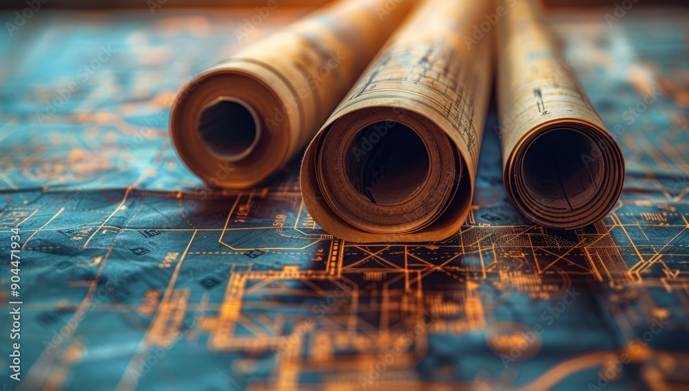 A close up of three rolls of blueprints and architectural drawings on top, with one rolled up in the center. A close up of three rolls of blueprints and architectural drawings on top, with one rolled up in the center.