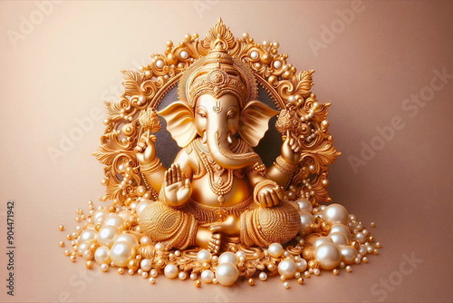 pearl golden color indian hindu religion god ganesh or ganesha idol for offering prayers during hindu festival Ganesh chathurthi,wedding,hindu ceremony,opening ceremony,good luck,invitation
